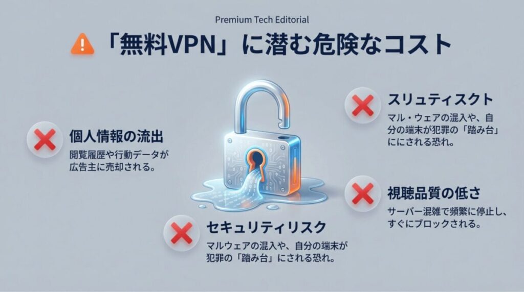 無料VPNの危険性として、マルウェア混入、個人情報の流出、サーバー混雑による視聴品質の低さを警告するイメージ。