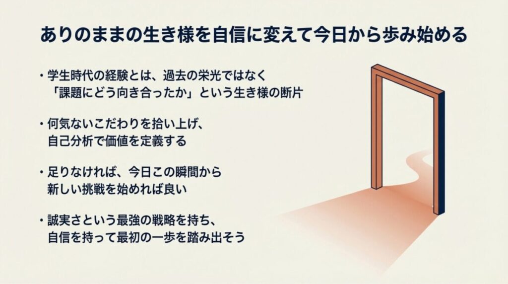ありのままの生き様を自信に変え、誠実さを武器に最初の一歩を踏み出すことを促すまとめのスライド。