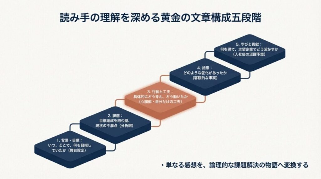背景、課題、行動、結果、学びの5ステップで、単なる感想を論理的な課題解決物語へ変換する構成案。