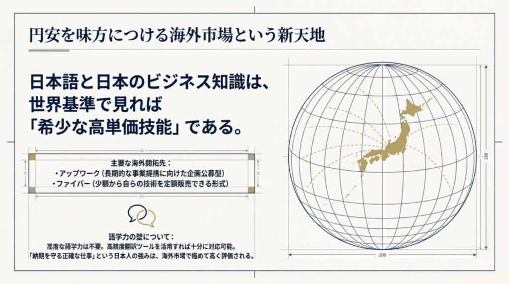海外クラウドソーシング市場の開拓方法。UpworkやFiverrの紹介と、翻訳ツールを活用した日本人の強みの活かし方の説明。