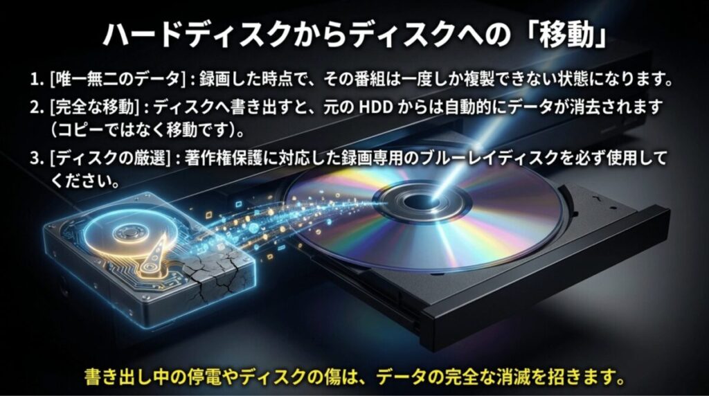 録画データがコピーではなく移動（元のHDDから消去）される仕組みと、書き出し時の注意点の解説