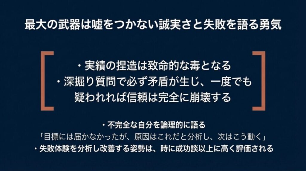 実績の捏造の危険性と、失敗体験を分析し改善する姿勢が高く評価されることを説明するスライド。