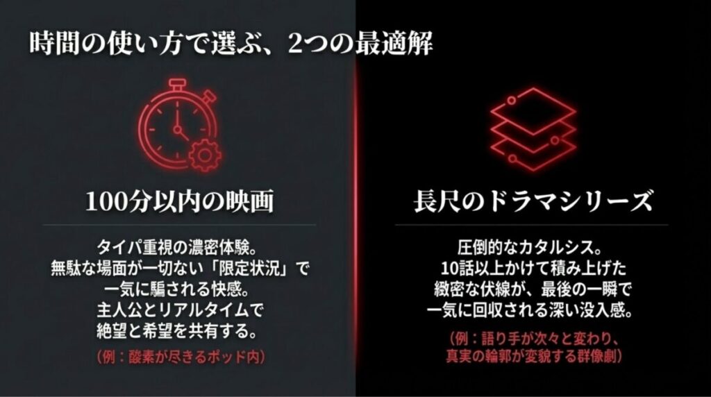 100分以内の映画（タイパ重視・限定状況）と、長尺ドラマシリーズ（圧倒的カタルシス・伏線回収）の選び方の比較