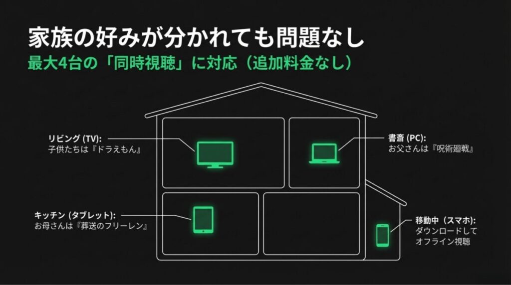 家族が別々の部屋や移動中に、異なるデバイスで好きなアニメを同時に楽しんでいる様子を描いたイラスト。