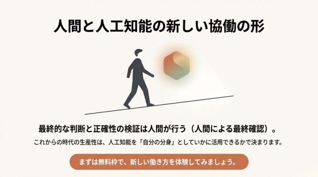 人間が最終確認を行い、AIを「自分の分身」として活用する次世代の生産性のあり方を描いたクロージングスライド。