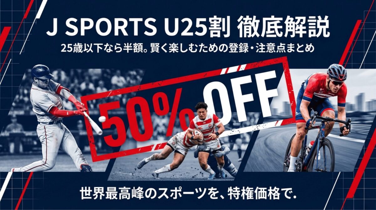 25歳以下なら半額で視聴できるJ SPORTS U25割の解説スライド。野球、ラグビー、サイクルロードレースの画像と50%OFFの文字。