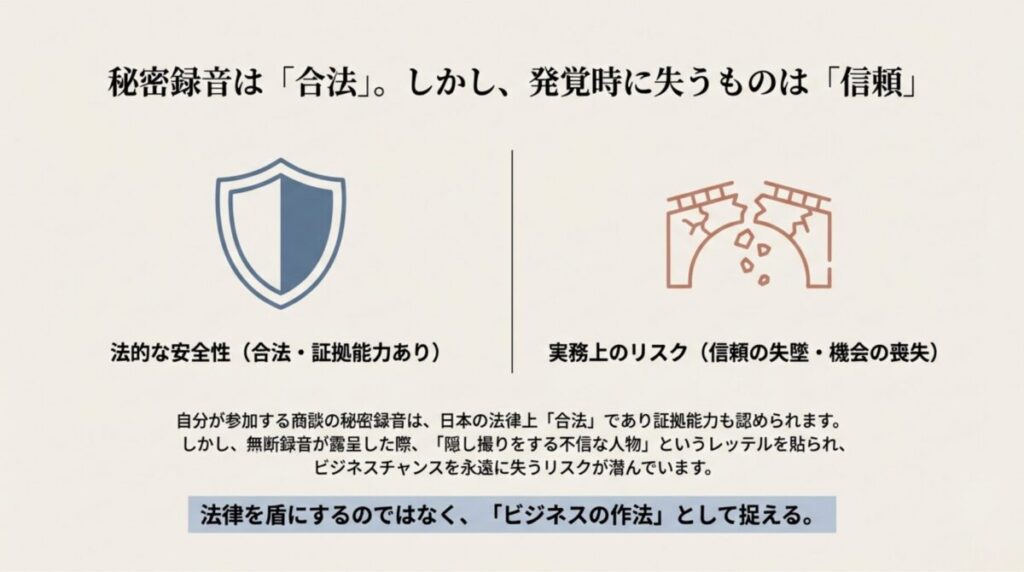 法的な安全性を示す盾のアイコンと、信頼の失墜を示す壊れた橋のアイコン。秘密録音は合法だが信頼を失うリスクがあることを説明。