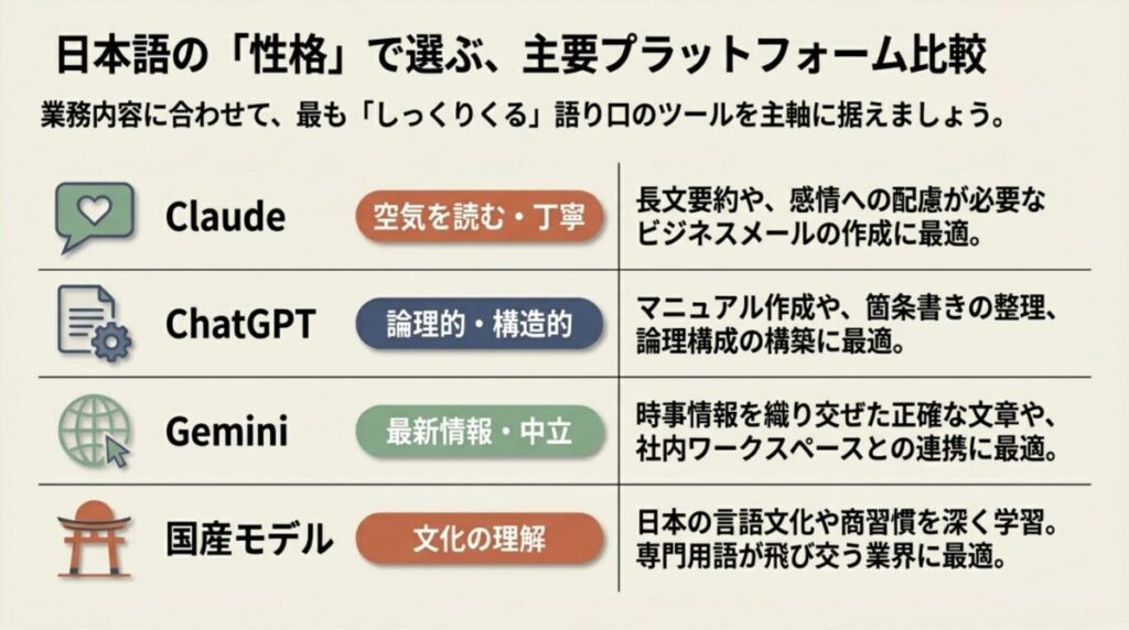 Claude（丁寧）、ChatGPT（論理的）、Gemini（最新・中立）、国産モデル（文化理解）のそれぞれの特徴と最適用途をまとめた表。