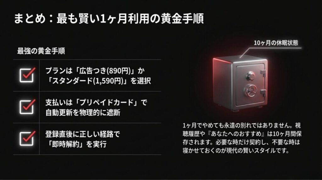 解約後も10ヶ月間保存される視聴履歴と、必要な時だけ契約するスマートな利用手順のまとめ