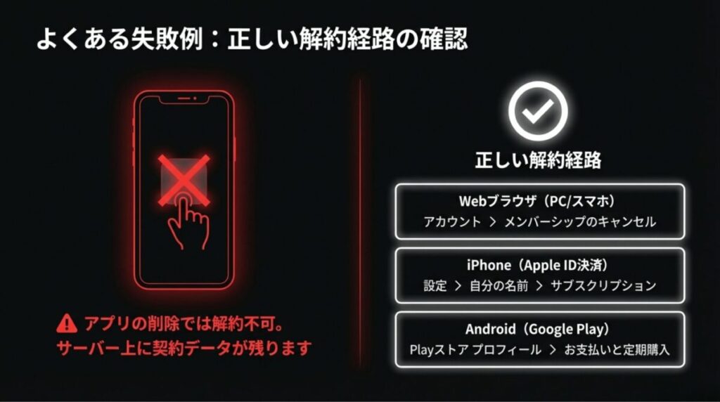 Webブラウザ、iPhone（Apple ID）、Android（Google Play）それぞれの具体的な解約設定手順
