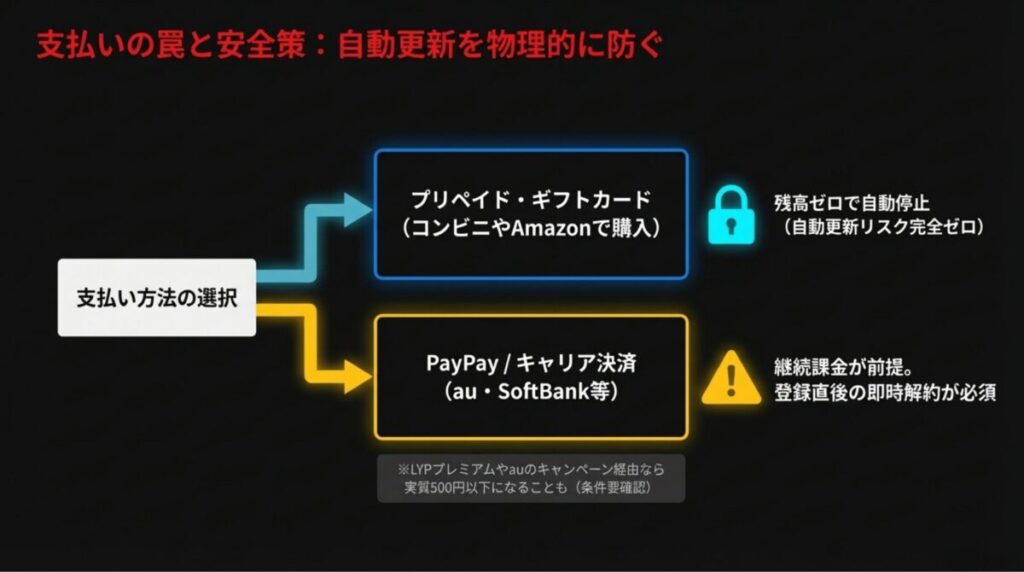 プリペイドカードによる自動停止とPayPay・キャリア決済の継続課金リスクの比較図