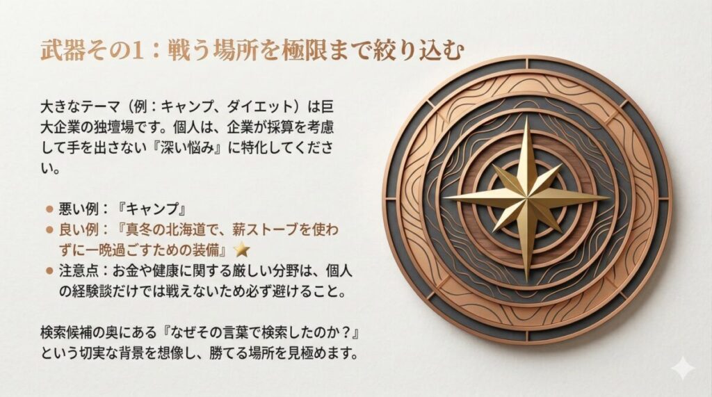 「キャンプ」のような広すぎるテーマではなく、「真冬の北海道での装備」のように深い悩みに特化して勝てる場所を見極める図解。