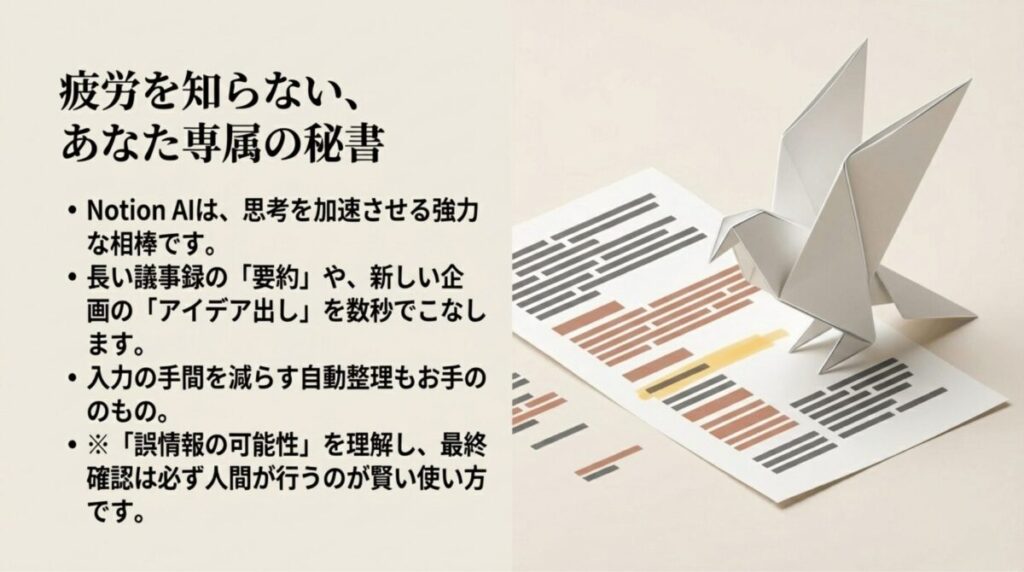 議事録の要約やアイデア出しを数秒でこなすNotion AIの機能と、人間による最終確認の重要性についての説明。
