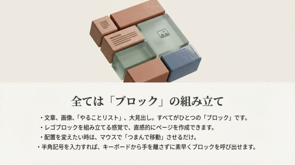 文章や画像、ToDoリストをレゴブロックのように直感的に組み合わせてページを作るイメージ図。