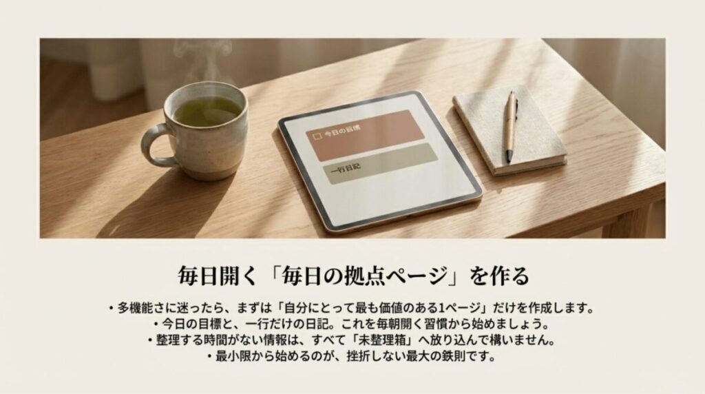 今日の目標と一行日記だけの最小限のページから始め、挫折を防ぐための拠点作りの提案。