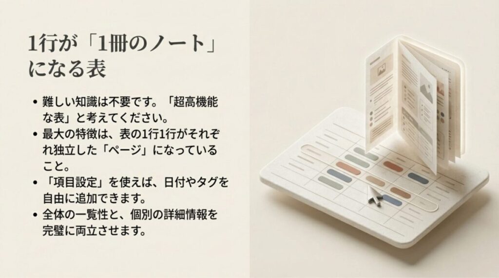 超高機能な表として、1行が独立したページになり、日付やタグを自由に追加できるデータベースの解説。