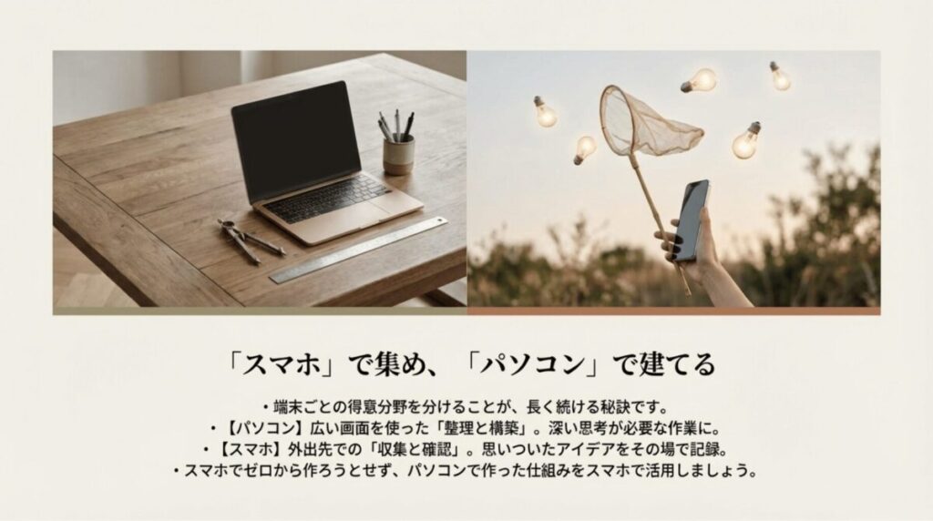 PCは「整理と構築」、スマホは「収集と確認」という、端末ごとの得意分野を分ける運用の秘訣。
