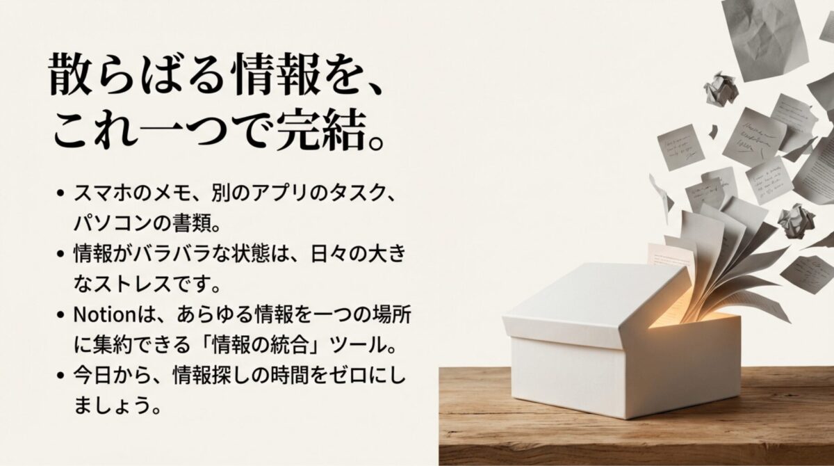 散らばる情報を一つに完結させ、情報探しの時間をゼロにするNotionのコンセプト図。