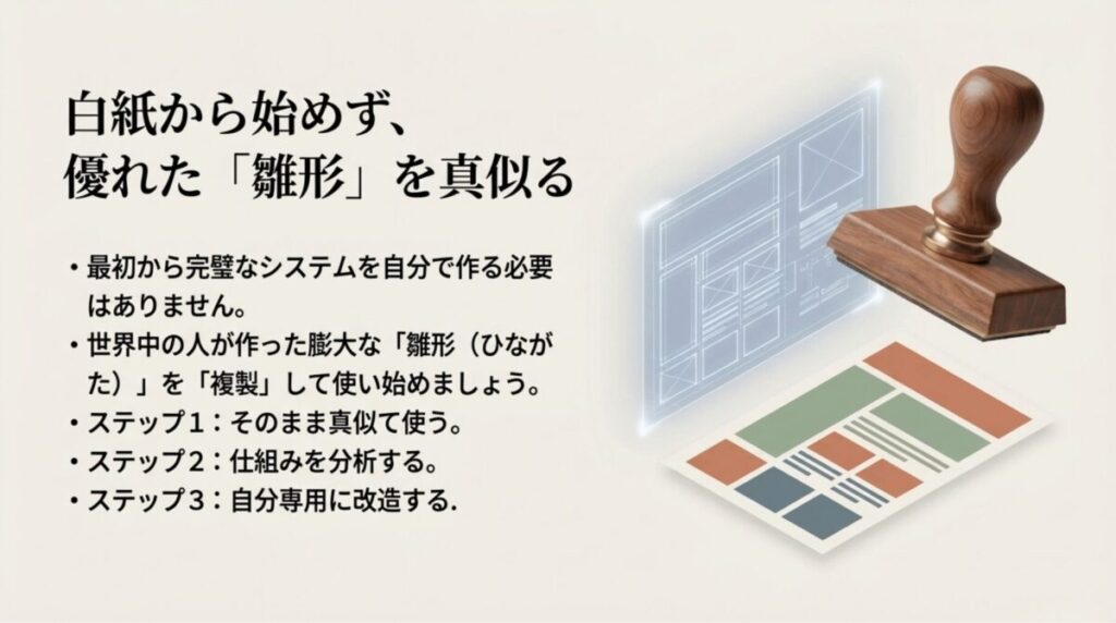 優れた雛形を複製し、真似る・分析する・改造するという3つのステップで使い始める方法。