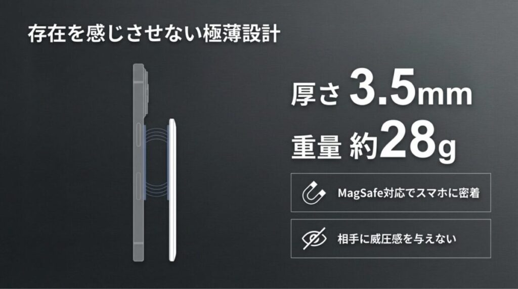 スマートフォンの背面にMagSafeで密着する、厚さ3.5mm・重量約28gの超軽量ボイスレコーダーの側面図