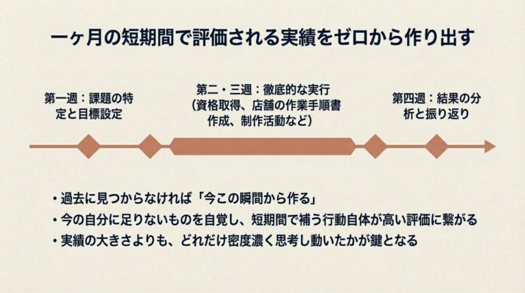 課題特定、実行、分析の4週間のスケジュールを示し、今から実績を作るための行動指針を解説するスライド。