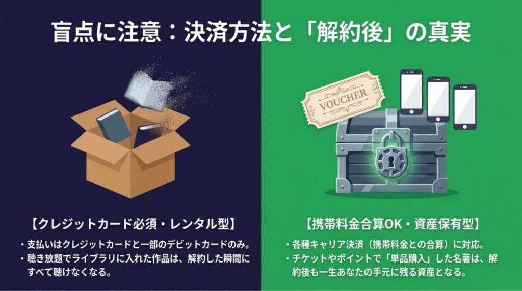 クレジットカード必須のレンタル型（Audible）と、キャリア決済可能で単品購入分が一生残る資産保有型（オトバンク版）の違いを説明するスライド