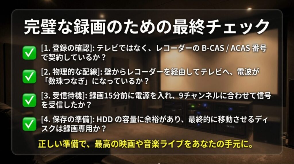 登録確認・物理配線・受信待機・保存準備の4つのポイントをまとめた最終チェックリスト