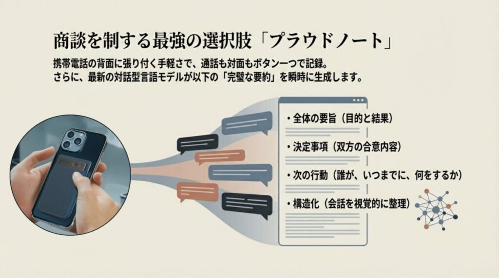 iPhoneの背面に装着されたPLAUD NOTE。要旨、決定事項、ネクストアクションなどをAIが構造化する機能の紹介。