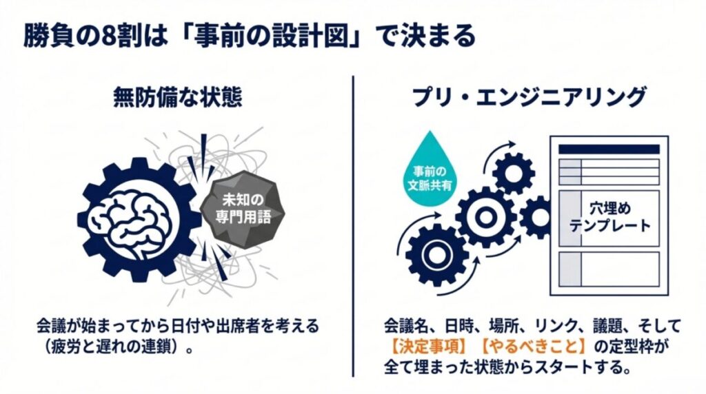 穴埋めテンプレートの活用や事前の文脈共有により、会議中の脳の負担を減らす「設計図」の重要性を示すイラスト