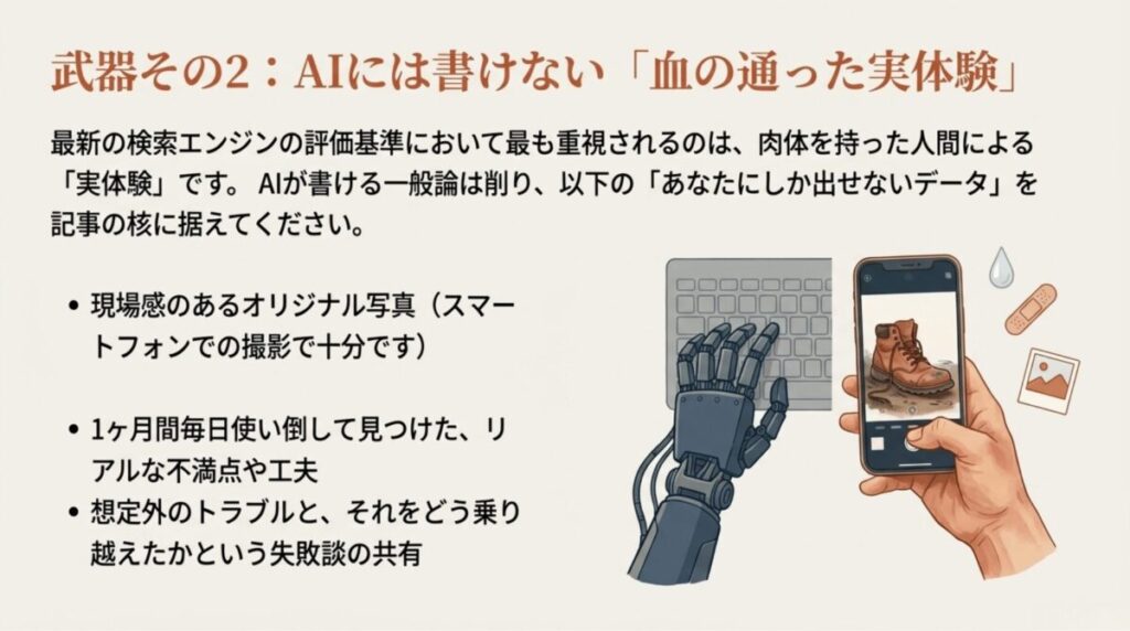 オリジナル写真、リアルな不満点、失敗談など、AIには生成できない人間ならではの一次情報の具体例。