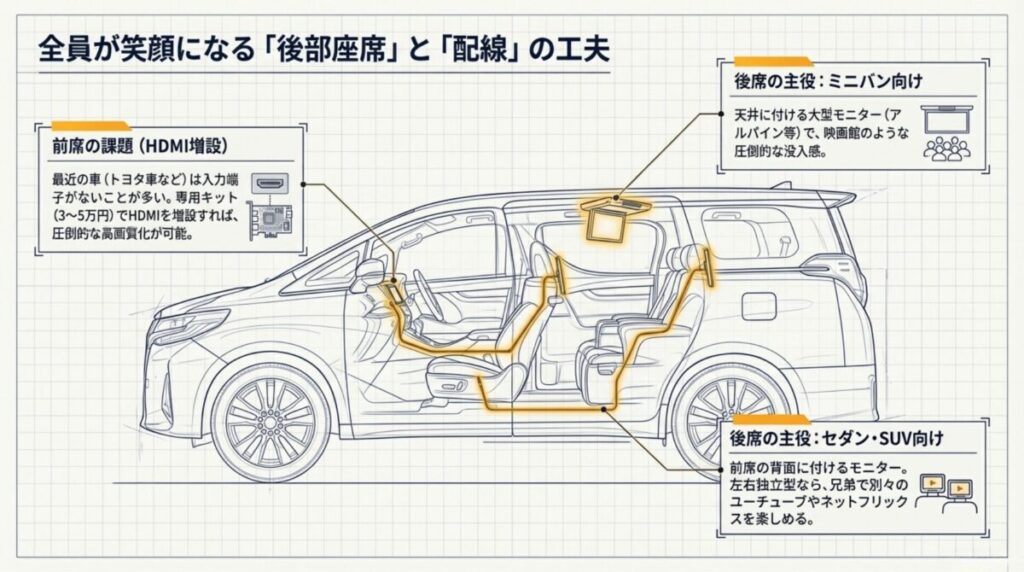 ミニバン向けの天井大型モニターと、セダン・SUV向けの前席背面モニターの設置イメージ、およびHDMI増設キットの解説図。