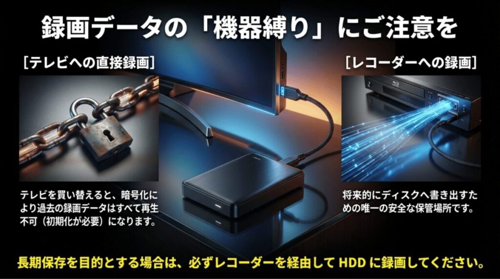 テレビ直接録画のリスクと、将来のディスク書き出しのためにレコーダーへ録画することの重要性を解説する図