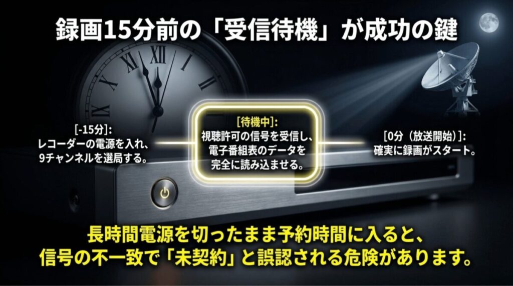録画開始15分前に電源を入れ9チャンネルを選局し、信号を受信させるステップを示したタイムライン