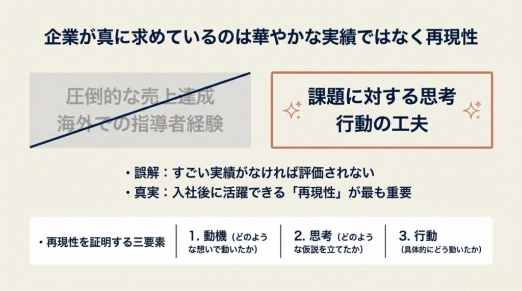 華やかな実績よりも、入社後に活躍できる再現性が重要であることを示し、動機・思考・行動の三要素を解説するスライド。