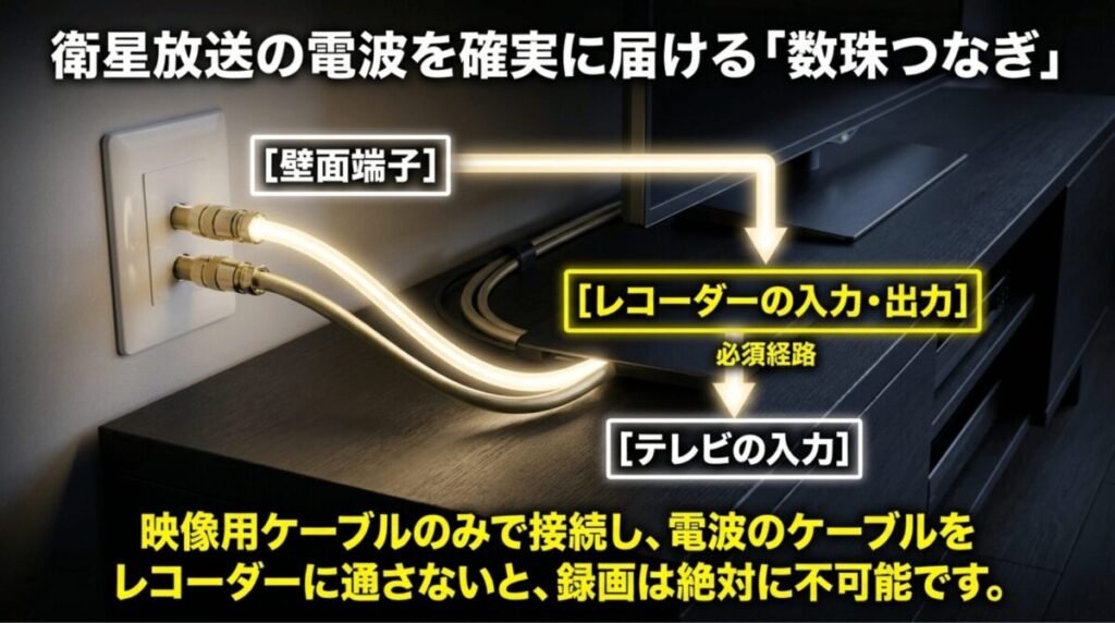 壁面端子からレコーダーを経由してテレビに繋ぐ、録画に必須なアンテナ線の数珠つなぎ経路の図解