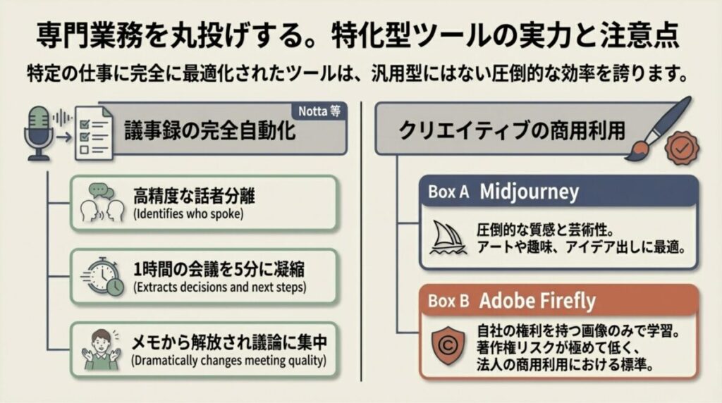議事録自動化のNotta、芸術性のMidjourney、商用利用標準のAdobe Fireflyの特徴をまとめた図。