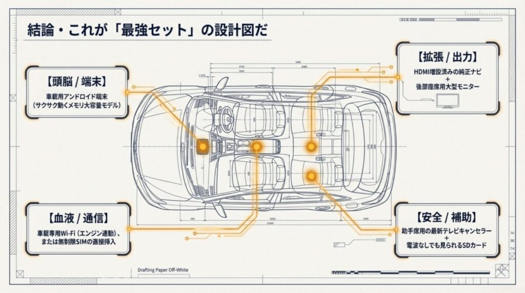 端末（頭脳）、通信（血液）、出力（拡張）、補助（安全）の4要素を車内レイアウトに配置した最終構成図。