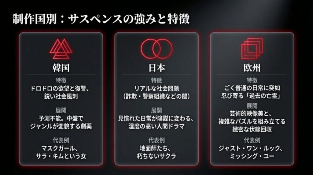 韓国（欲望と復讐）、日本（リアルな社会問題）、欧州（緻密な伏線）といった、制作国ごとのサスペンスの特徴を比較した表 