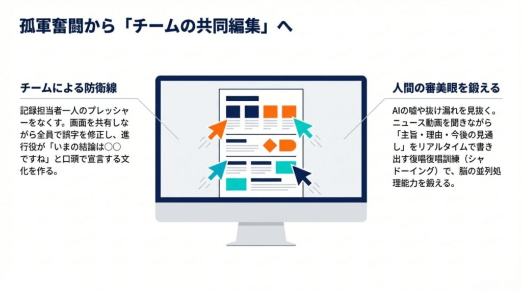 モニターを共有し、参加者全員でリアルタイムに内容を修正・合意していくチーム型議事録作成のイメージ図