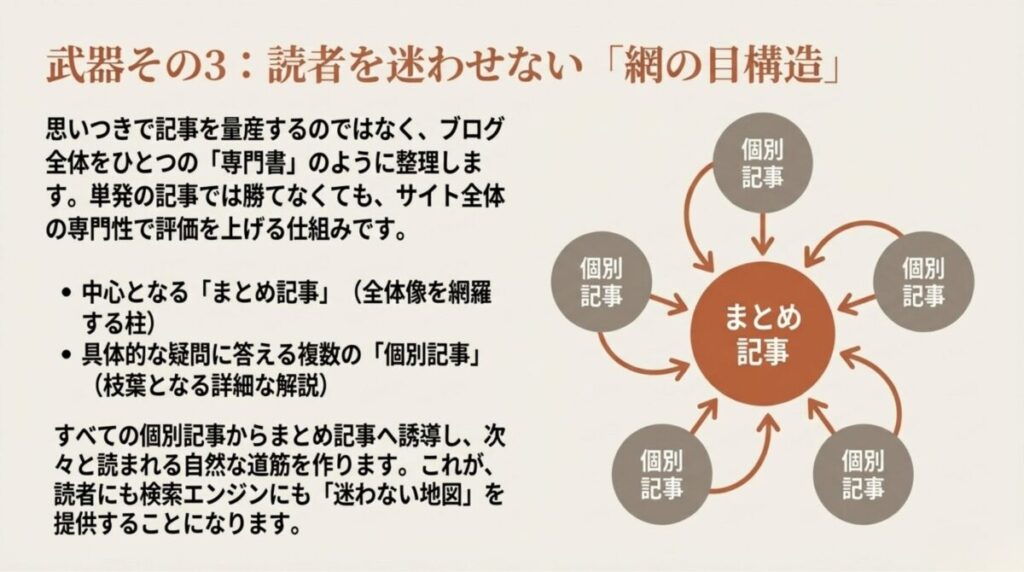 まとめ記事を柱に、複数の個別記事（クラスター記事）を内部リンクで結びつけ、サイト全体の専門性を高める構造図。