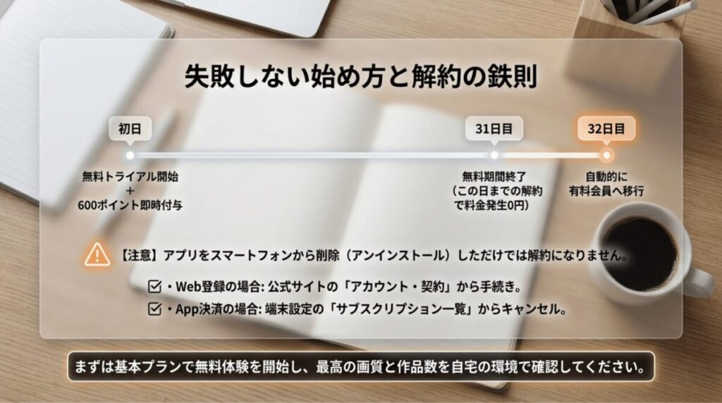 U-NEXTの31日間無料トライアル開始から32日目の自動課金までの流れと、Web登録とアプリ決済それぞれの正しい解約方法をまとめた図