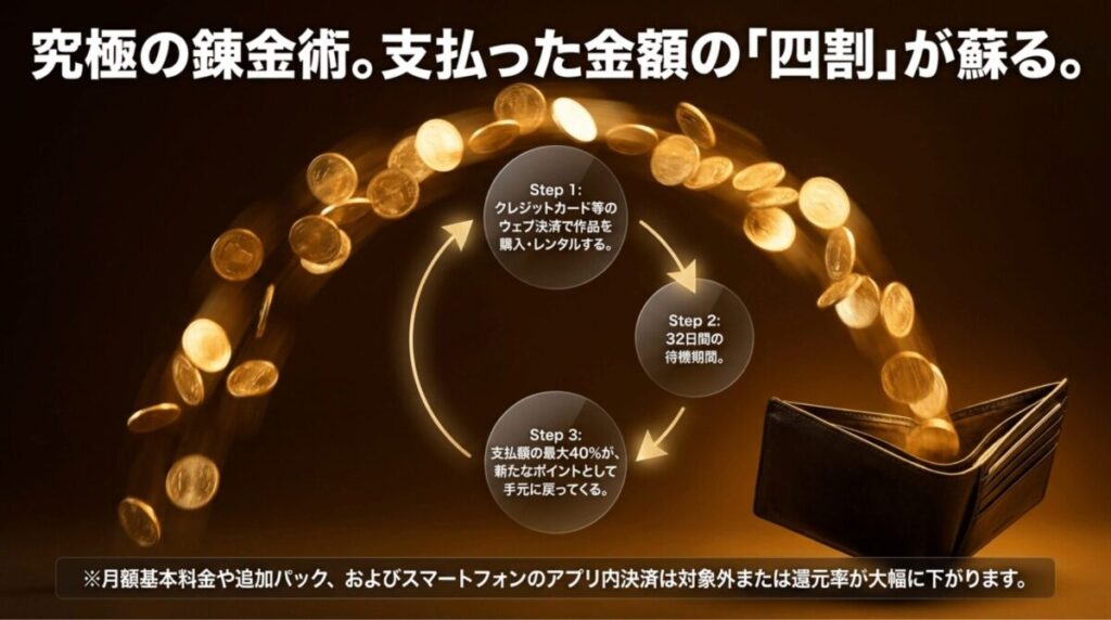 クレジットカードなどのWEB決済では支払額の最大40パーセントがポイント還元される仕組みを説明するスライド
