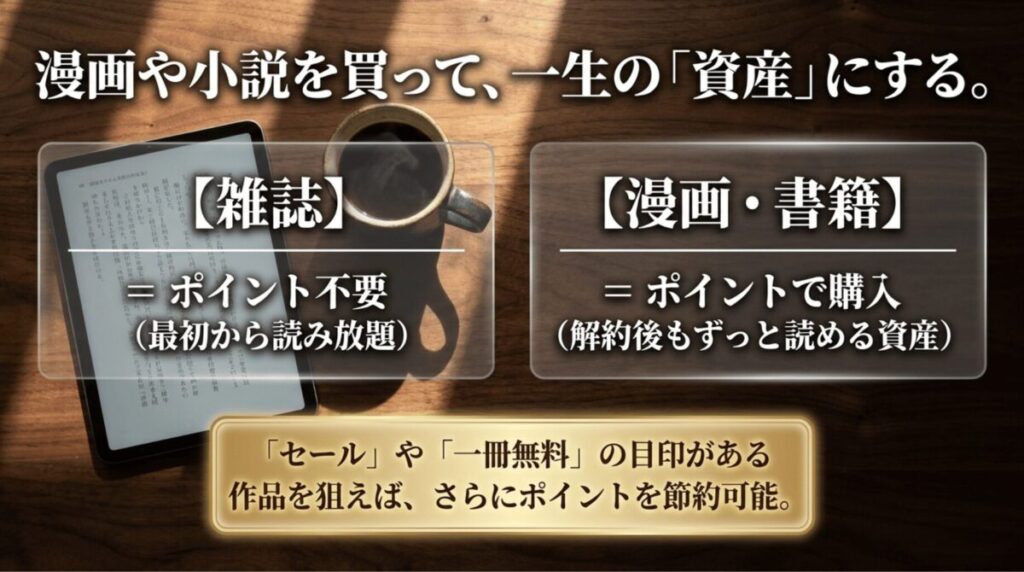 雑誌は読み放題、漫画や書籍はポイントで購入でき解約後も読めることを説明するスライド