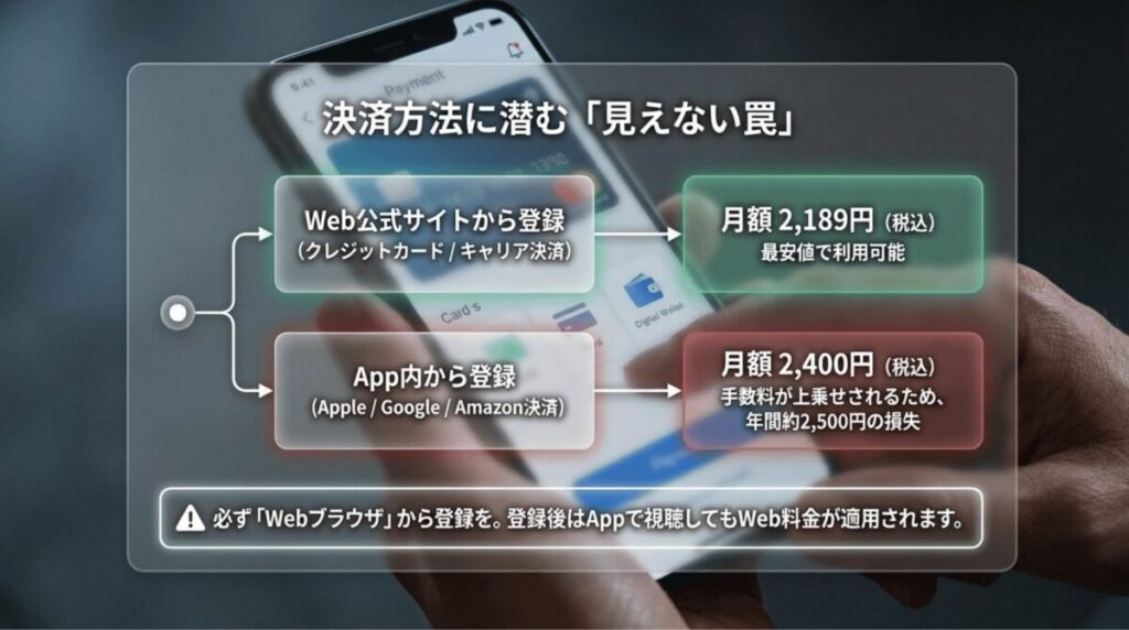 U-NEXTのWeb公式サイト登録は月額2,189円、Apple・Google・Amazonのアプリ決済は月額2,400円になる違いを示した図