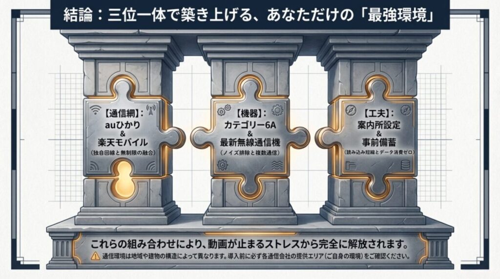 通信網(auひかり・楽天モバイル)、機器(Cat6A・最新無線)、工夫(DNS設定・事前備蓄)をパズルのように組み合わせることで完成する最強環境の総括図解