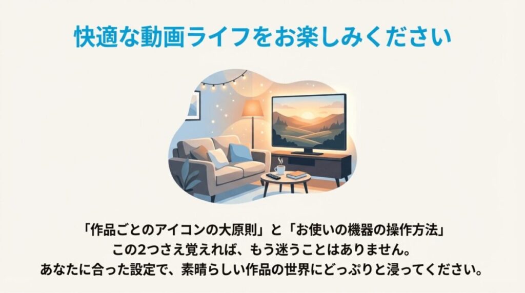 リビングで快適に動画を楽しむイメージと、アイコンの原則・操作方法をマスターした読者へのメッセージ