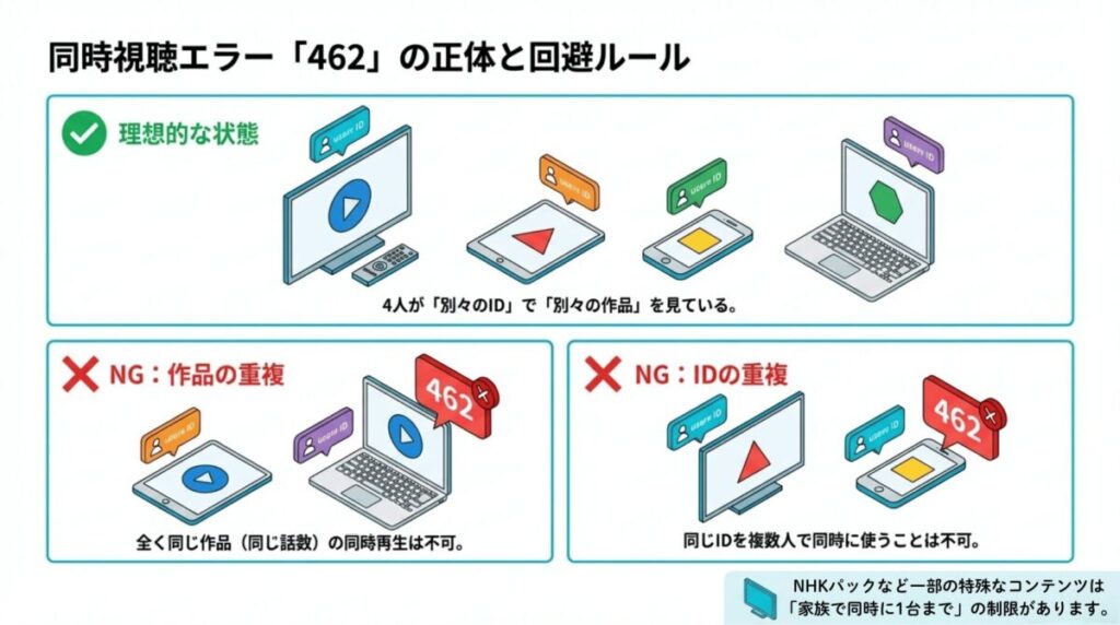 同じ作品の同時再生や、同じIDの重複使用がNGであることを示す比較図。