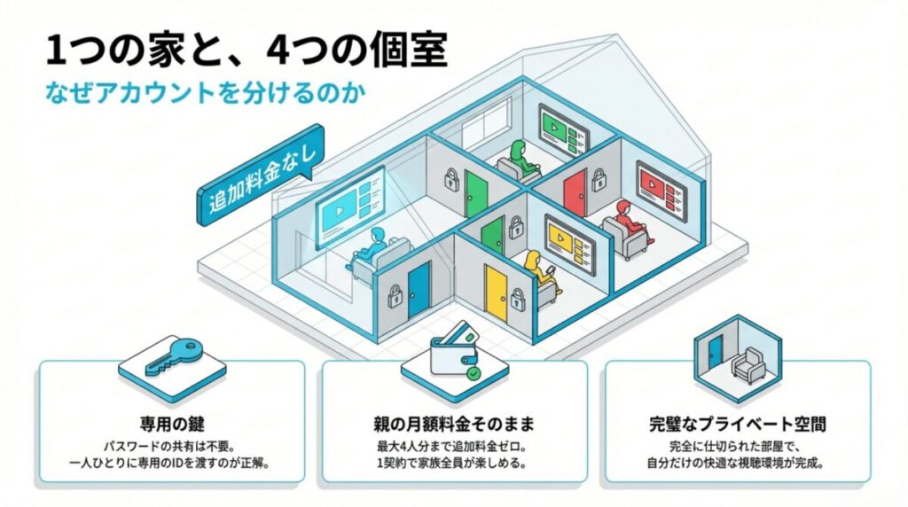 追加料金0円、一人ひとり専用のID、完全に仕切られたプライベート空間という3つのメリットの解説。
