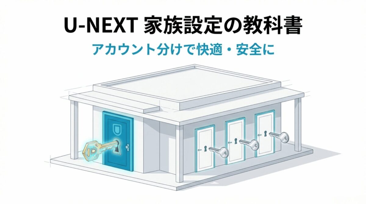 U-NEXTの1つの親アカウントと最大3つの子アカウント（合計4アカウント）を家の個室に例えたイメージ図。
