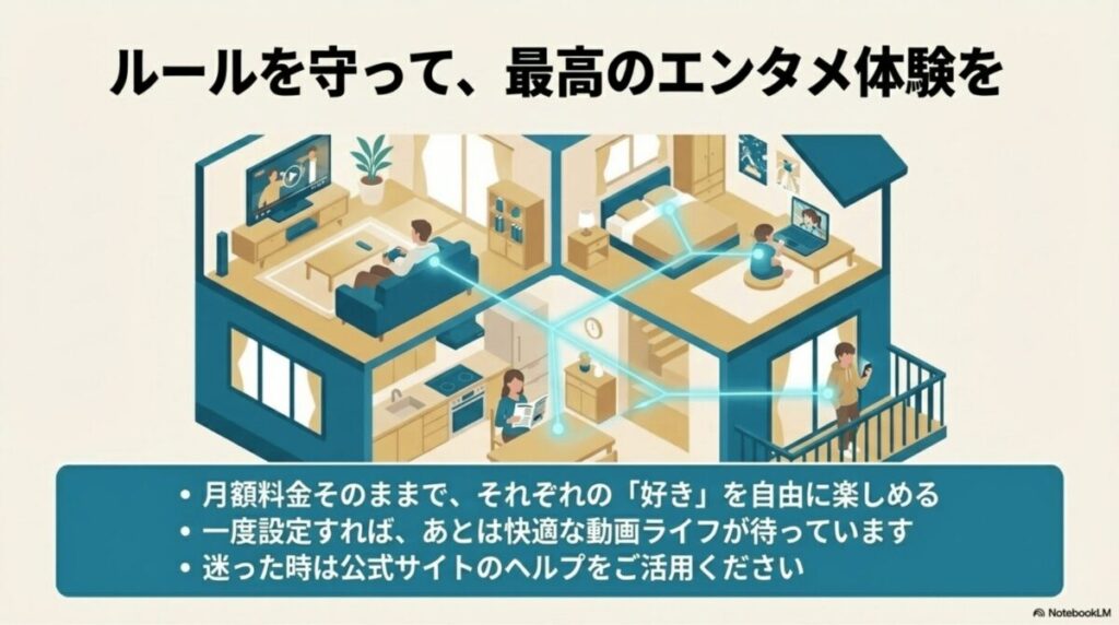 家族それぞれが自分のデバイスで自由に映画やドラマを楽しんでいる様子を描いた、サービス活用のイメージ図。